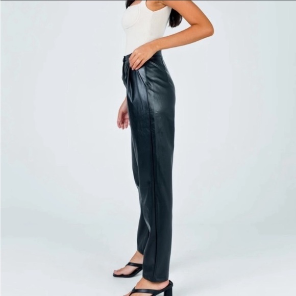 Princess Polly Love Club Black Faux Vegan Leather Straight Pants Pleated Waist - Picture 2 of 16